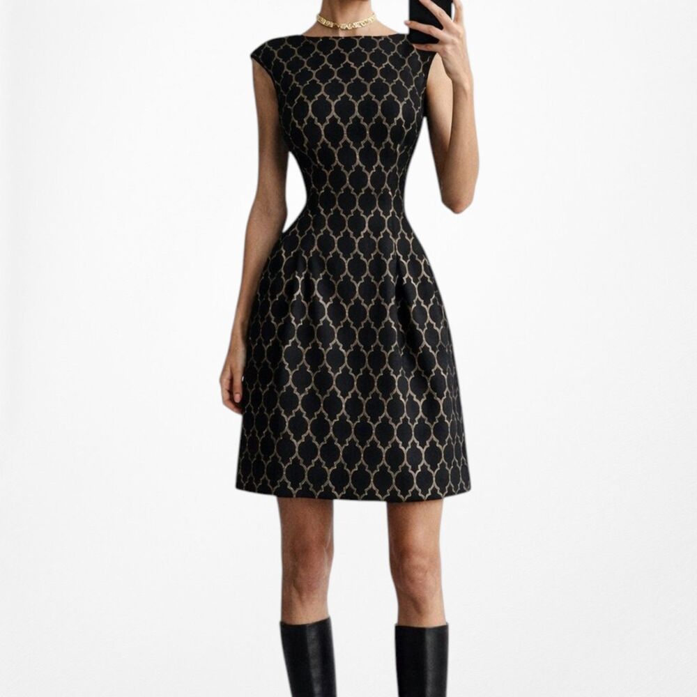 Vintage Y2K Black Gold Print Pattern Knee Length Flared Cocktail Dress Size M